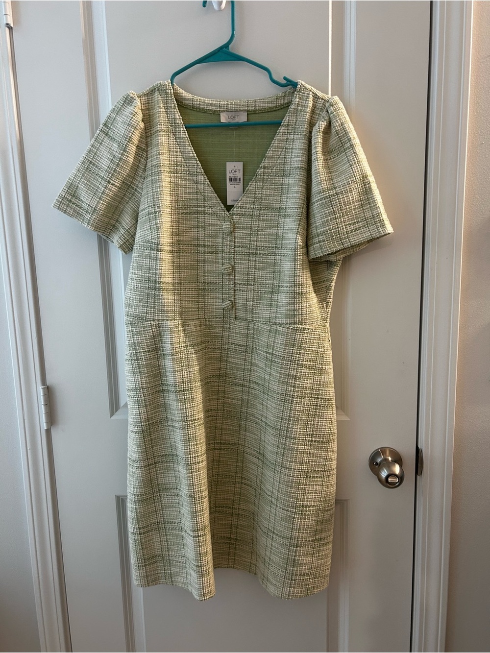 LOFT Light Green Plaid V-Neck Midi Dress